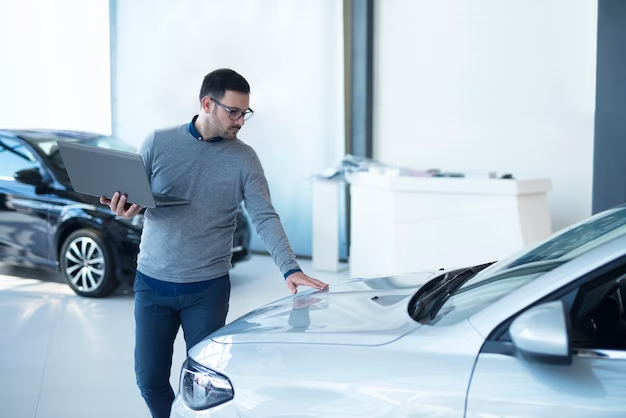 Man examining a car with a laptop